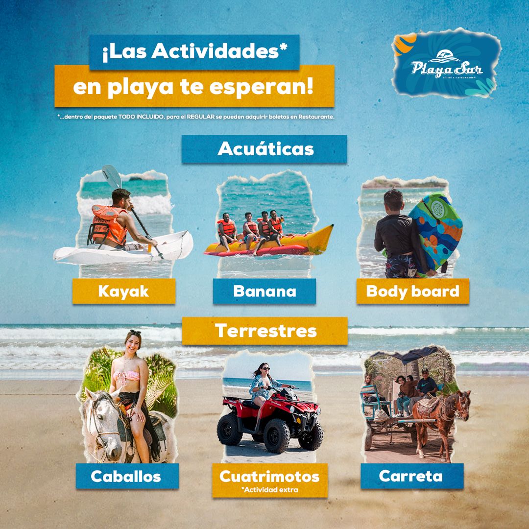 Actividades en la playa: kayak, banana, caballo y carreta